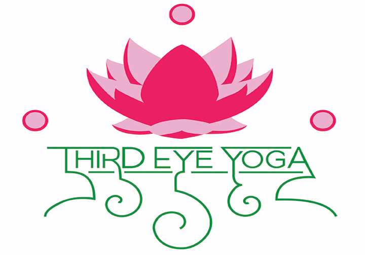Pink lotus flower above the Third Eye Yoga name 