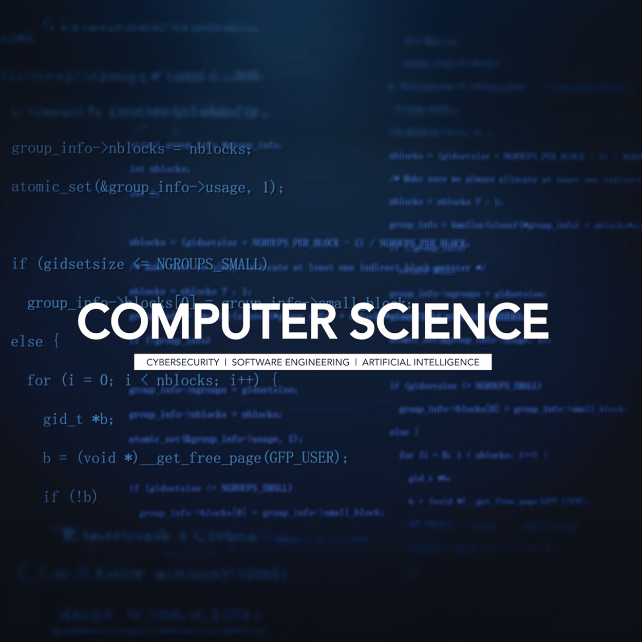 Thumbnail of a still from the Computer Science Pathway video hosted on YouTube. The thumbnail includes the words "Computer Science, Cybersecurity, Software Engineering, and Artificial Intelligence" over a navy blue background with light blue coding language.