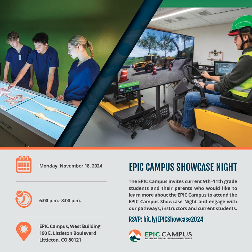 A promotional flyer for EPIC Campus Showcase Night. On the left side, three students in medical scrubs examine a digital anatomy table, while on the right side, a student operates a construction equipment simulator. Below, event details are listed: "Monday, November 18, 2024, from 6:00 p.m. to 8:00 p.m. at EPIC Campus, West Building, 190 E. Littleton Boulevard, Littleton, CO 80121." The event invites 9th–11th grade students and their parents to explore EPIC Campus pathways, meet instructors, and engage with current students. An RSVP link is provided: bit.ly/EPICShowcase2024. The EPIC Campus logo is included at the bottom.