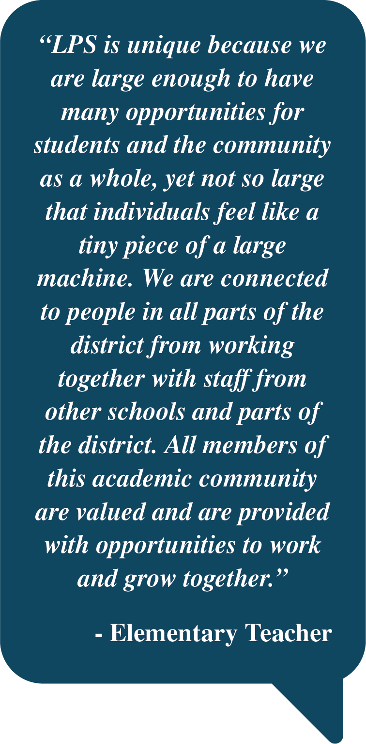 Pull Quote: "LPS is unique because we are large enough to have many opportunities for students and the community as a whole, yet not so large that individuals feel like a tiny piece of a large machine. We are connected to people in all parts of the district from working together with staff from other schools and parts of the district. All members of this academic community are valued and are provided with opportunities to work and grow together.  - Elementary Teacher"