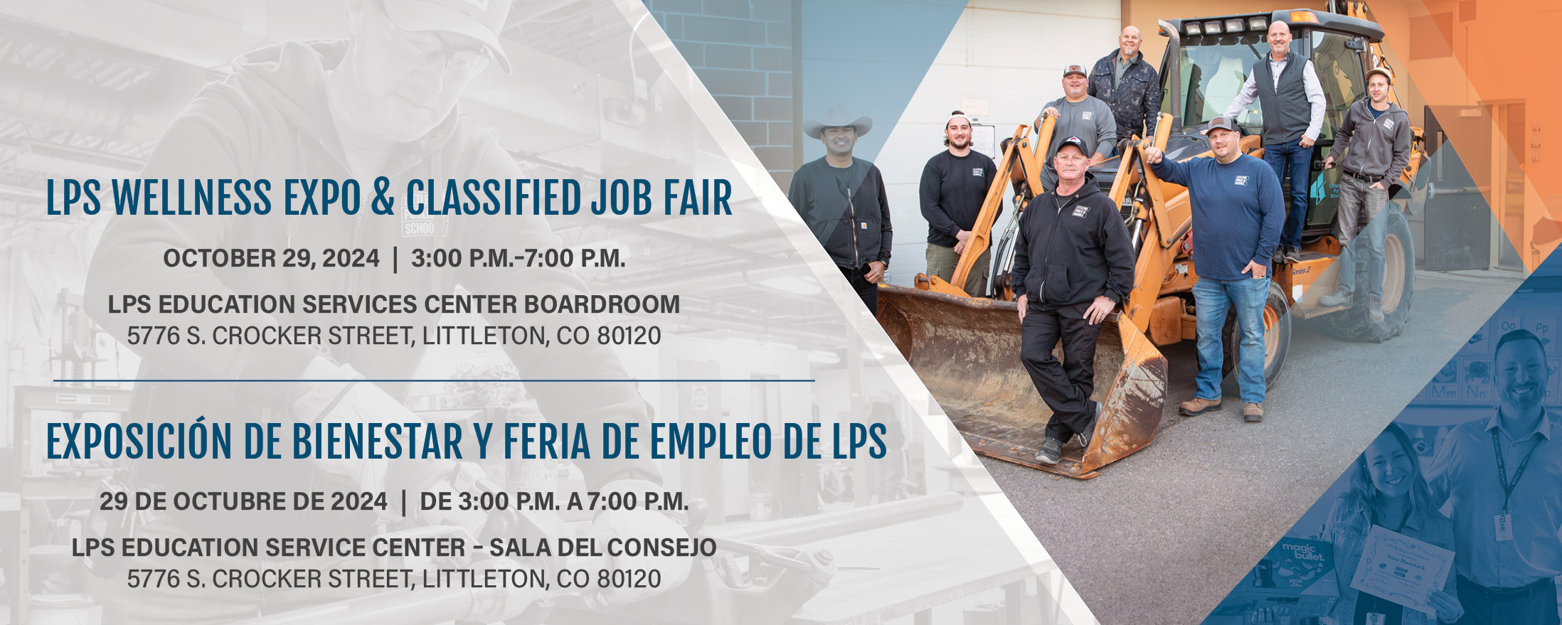 Promotional image for LPS Wellness Expo & Classified Job Fair. The event name, date, time, and location are provided in the accompanying text. The image shows a group of people standing in front of a construction vehicle, indicating a job fair or employment-related theme.