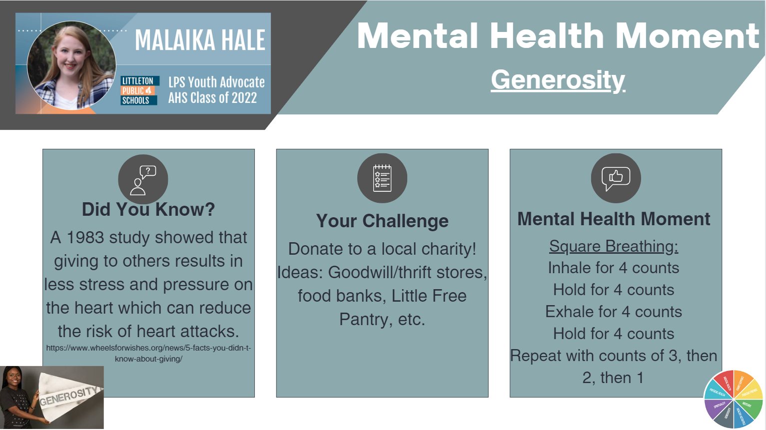 Mental Health Moments: Generosity - Malaika Hale LPS Youth Advocate AHS Class of 2022 (full text under the image)