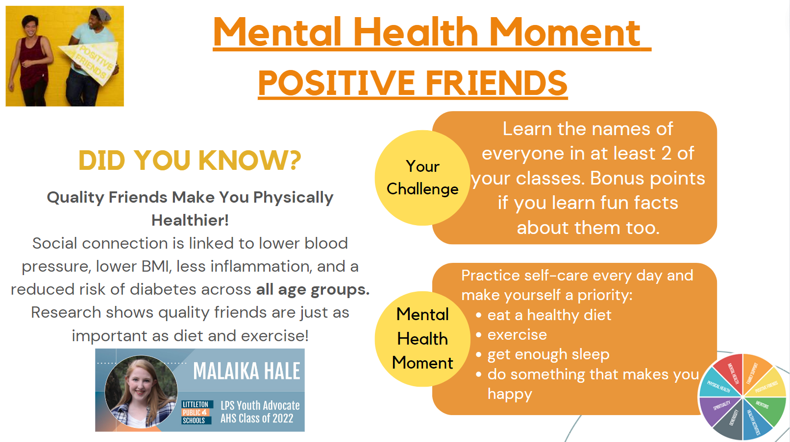 Mental Health Moment: POSITIVE FRIENDS Malaika Hale, LPS Youth Advocate, AHS Class of 2022  Did you know? Quality friends make you physically healthier! Social connection is linked to lower blood pressure, lower BMI, less inflammation, and a reduced risk of diabetes across all age groups. Research shows quality friends are just as important as diet and exercise!  Your Challenge Learn the names of everyone in at least 2 of your classes. Bonus points if you learn fun facts about them too.  Mental Health Moment Practice self-care every day and make yourself a priority: eat a healthy diet, exercise, get enough sleep, and do something that makes you happy.