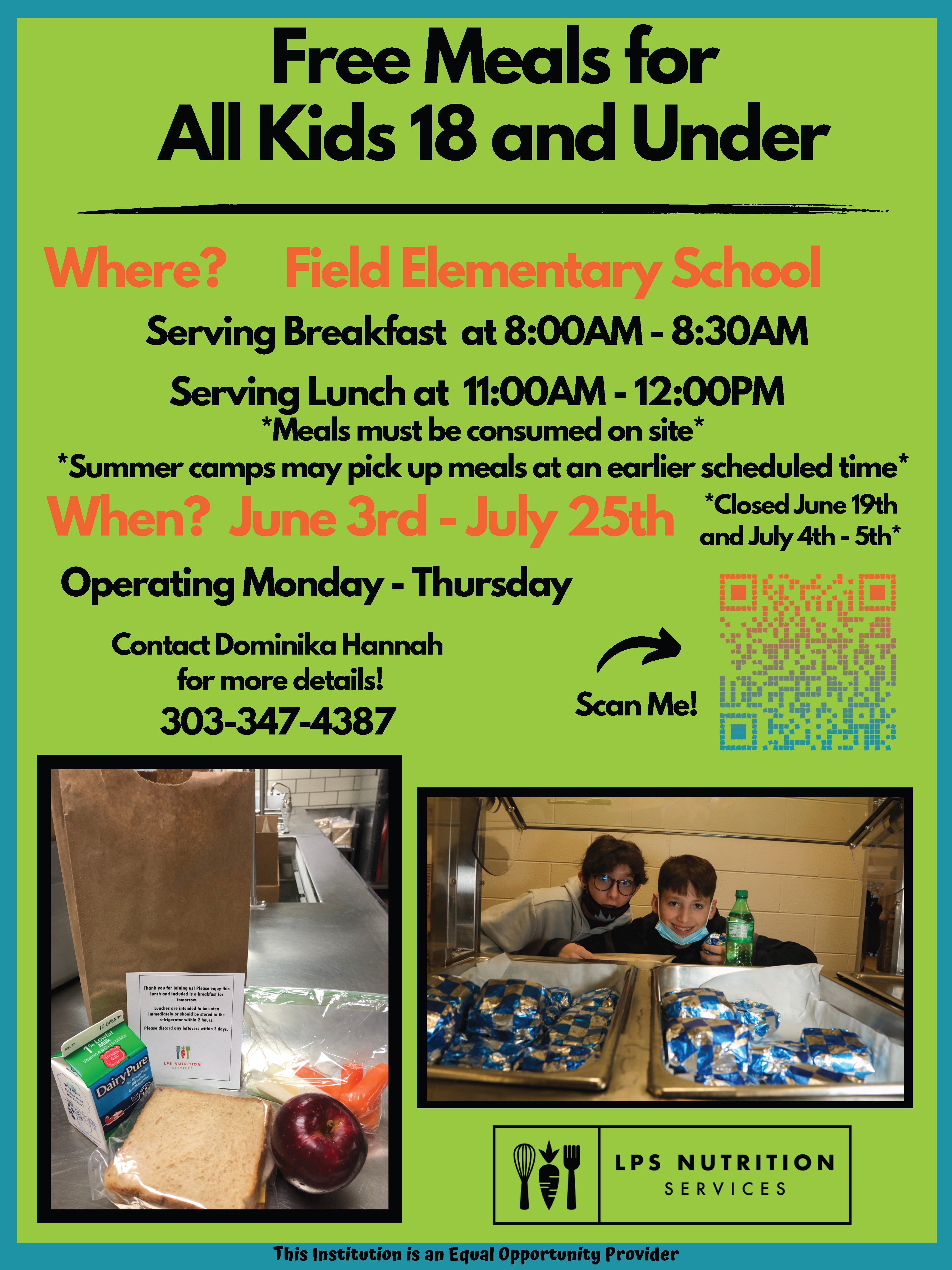 Flyer for Summer Feeding Program in English. All information from flyer can be found in writing above image.