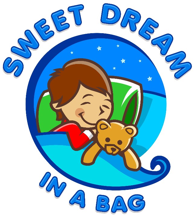 Sweet Dream in a Bag logo picture with a cartoon child sleeping with a teddy bear