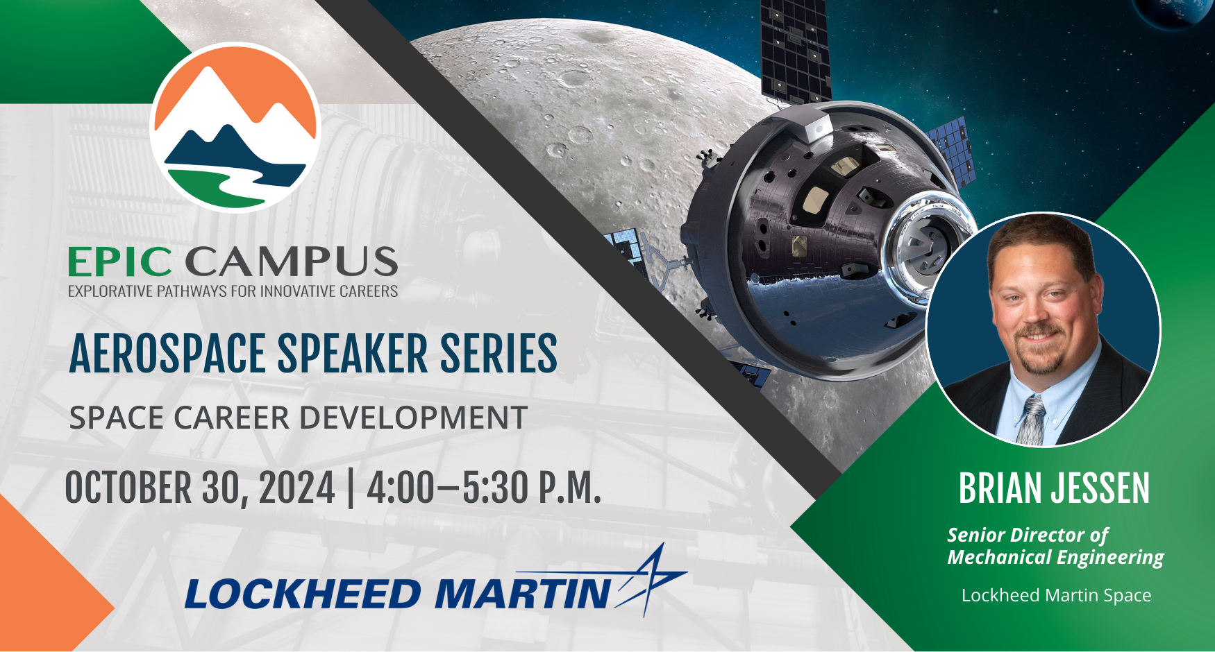 Promotional graphic for EPIC Campus Aerospace Speaker Series. Event details are included in the text of the announcement.