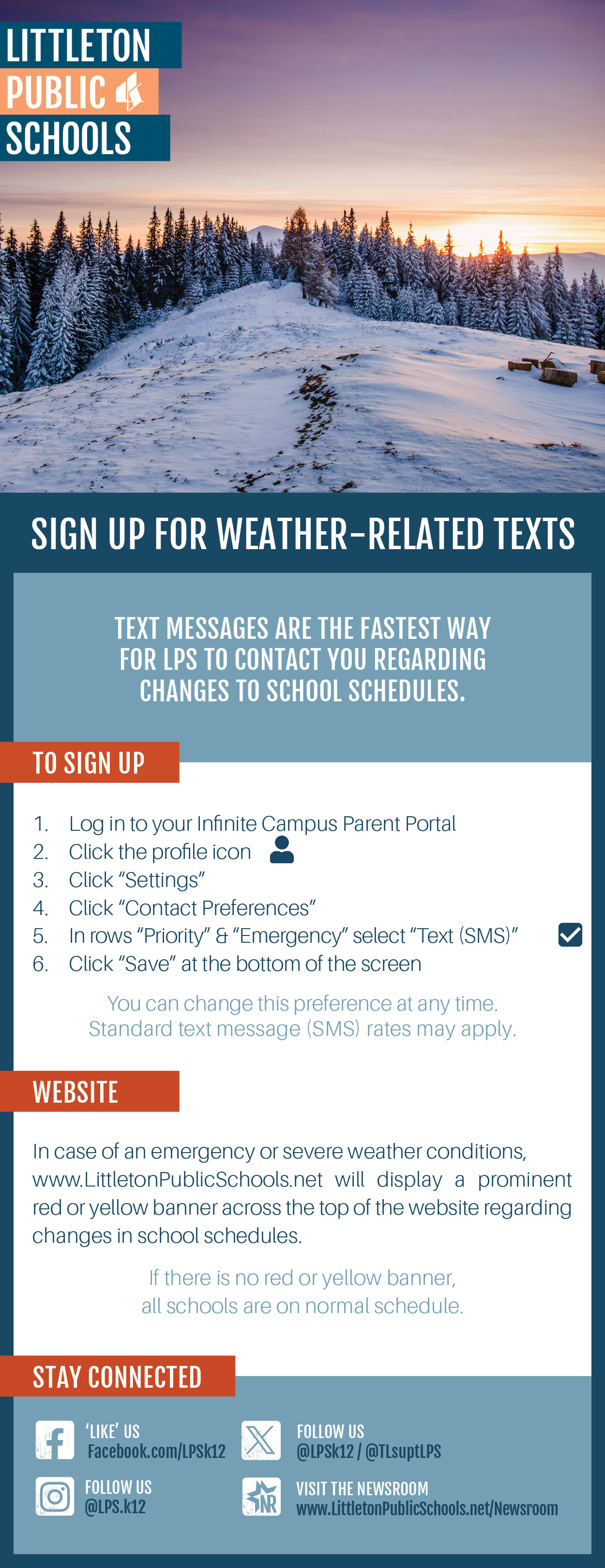Sign up for weather related texts. Links to a pdf with full details the show same information that is accessible.
