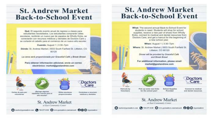flyer for St. Andrew Market Back-to-School Event on August 1st from 3:30p to 7p at East Community Center