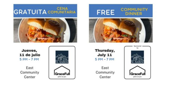 flyer for free community dinner on July 11th from 5p-7p