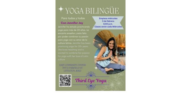 new bilingual yoga class offered by Third-Eye Yoga on Wednesdays from 6p to 7p