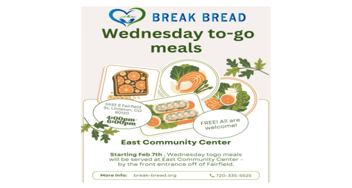 Flyer promoting Break Bread and their free, hot-to-go meals on Wednesday from 4pm to 6pm