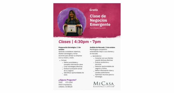 Spanish flyer for Mi Casa Resource Center small business program hosted at East Community Center