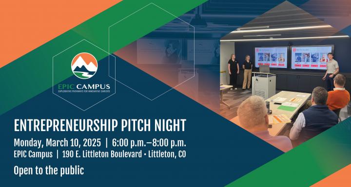 Promotional graphic for 'Entrepreneurship Pitch Night' at EPIC Campus. The left side of the image has a dark blue background with bold white text displaying the event details: 'Monday, March 10, 2025 | 6:00 p.m.–8:00 p.m.' at 'EPIC Campus, 190 E. Littleton Boulevard, Littleton, CO.' The text at the bottom states 'Open to the public.' The EPIC Campus logo, featuring a stylized mountain and river inside a hexagon, is prominently displayed. The right side of the image includes a photograph of a student busines