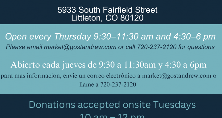 postcard for the St. Andrew Market which allows individuals and families to shop for free supplemental groceries each Thursday.