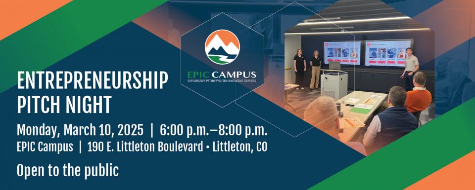 Promotional graphic for 'Entrepreneurship Pitch Night' at EPIC Campus. The left side of the image has a dark blue background with bold white text displaying the event details: 'Monday, March 10, 2025 | 6:00 p.m.–8:00 p.m.' at 'EPIC Campus, 190 E. Littleton Boulevard, Littleton, CO.' The text at the bottom states 'Open to the public.' The EPIC Campus logo, featuring a stylized mountain and river inside a hexagon, is prominently displayed. The right side of the image includes a photograph of a student busines