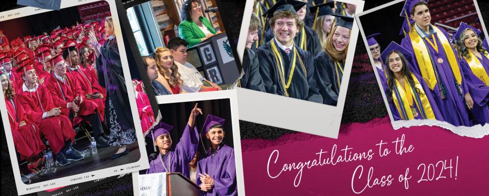 Collage of photos of graduation ceremonies for Heritage, Transition Services, Options, Arapahoe, and Littleton with the words "Congratulations to the Class of 2024!"