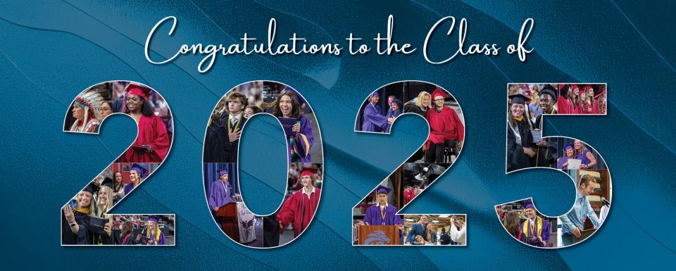 A celebratory graphic with the message “Congratulations to the Class of 2025” in elegant white script on a textured blue background. The large numbers "2025" are filled with photo collages of diverse high school graduates in caps and gowns, representing different schools and cultural backgrounds. The photos include students receiving diplomas, posing with friends and family, giving speeches, and shaking hands with faculty members. The overall tone is joyful and inclusive, reflecting a milestone graduation c