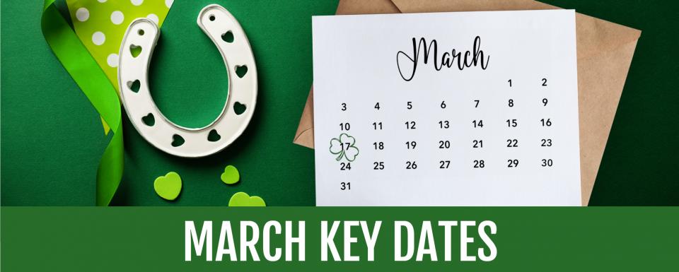 A March calendar with a shamrock outline around 17 sits on a brown envelope on a green background. There is a green stripe across the bottom of the graphic that says "March Key Dates" and to the left of the calendar is a silver horseshoe, some green confetti, and a green ribbon.