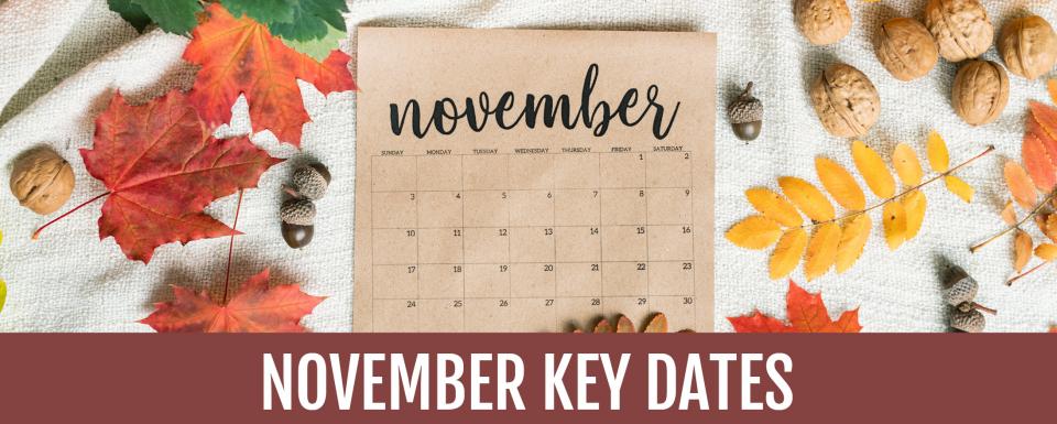 A calendar for November is placed on a textured fabric surface, surrounded by autumn-themed decorations, including colorful fall leaves, acorns, and walnuts. The heading at the bottom reads "November Key Dates" in bold white text on a maroon background.