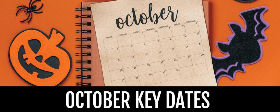 October-themed calendar with key dates highlighted. The image features Halloween decorations, including a smiling orange jack-o'-lantern, a black bat with purple trim, and a plastic spider on an orange background. The calendar has blank squares for the month of October. Text at the bottom reads 'October Key Dates' in bold white letters on a black background.